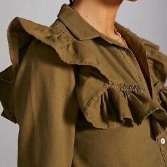 Anthropologie Blouse Womens Medium Pilcro Green Ruffle Button Down Western - Picture 3 of 10